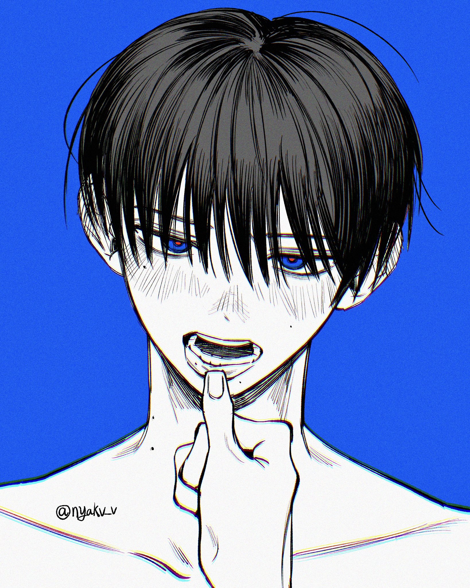 indou hikaru, tsujinaka yoshiki, hikaru ga shinda natsu, hashtag-only commentary, highres, 2boys, blue background, blue eyes, blush, ear blush, greyscale, greyscale with colored background, looking at viewer, male focus, monochrome, mouth pull, multiple boys, nude, nyakv v, short hair, simple background, teeth, twitter username, yaoi