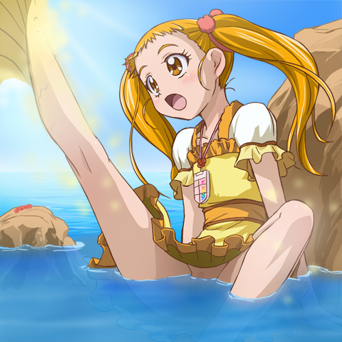 haruyama kazunori, kasugano urara (yes! precure 5), precure, yes! precure 5, looking away, lowres, 00s, 1girl, :o, arms at sides, blonde hair, blush, convenient censoring, crab, day, dress, eyelashes, female focus, female pubic hair, flat chest, frilled dress, frills, jewelry, leg lift, leg up, light rays, long hair, mermaid, monster girl, necklace, no panties, ocean, open mouth, outdoors, partially submerged, pleated dress, pubic hair, rock, short sleeves, sitting, solo, spread legs, sunbeam, sunlight, surprised, transformation, twintails, water, yellow dress, yellow eyes