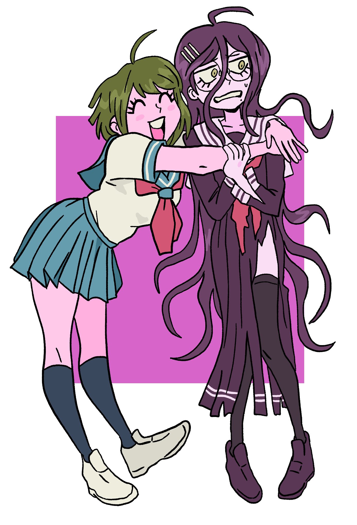 naegi komaru, danganronpa (series), danganronpa another episode: ultra despair girls, commentary, english commentary, highres, 2girls, ahoge, alternate eye color, black thighhighs, blue sailor collar, blue skirt, blue socks, blush, blush stickers, breasts, closed eyes, collarbone, collared shirt, eyelashes, glasses, green eyes, green hair, hair between eyes, hair ornament, hairclip, hug from side, kneehighs, long hair, long skirt, long sleeves, mole, mole under mouth, multiple girls, neckerchief, open mouth, purple hair, purple serafuku, purple shirt, purple shoes, purple skirt, red neckerchief, round eyewear, sailor collar, school uniform, serafuku, shirt, shoes, short hair, short sleeves, simple background, skirt, skirt set, smile, socks, sweatdrop, teeth, thighhighs, torn clothes, torn neckerchief, torn skirt, torn sleeve, upper teeth only, very long hair, white sailor collar, white shirt, white shoes, wilddaggers