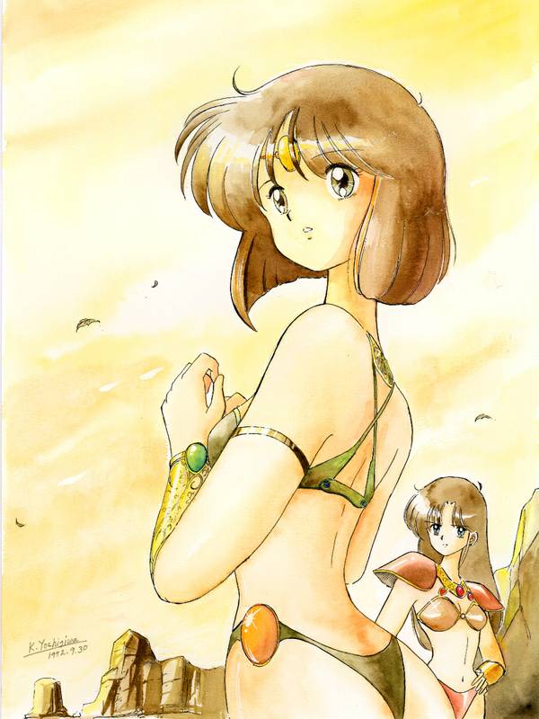 kuninin, 1980s (style), artist request, copyright request, 1992, 2girls, armlet, armor, bare shoulders, bikini armor, bracelet, brown hair, circlet, copyright name, cowboy shot, dated, hand on own hip, jewelry, long hair, looking afar, looking to the side, multiple girls, navel, oldschool, outdoors, retro artstyle, revealing clothes, short hair, signature, sky, standing, wind, yellow sky