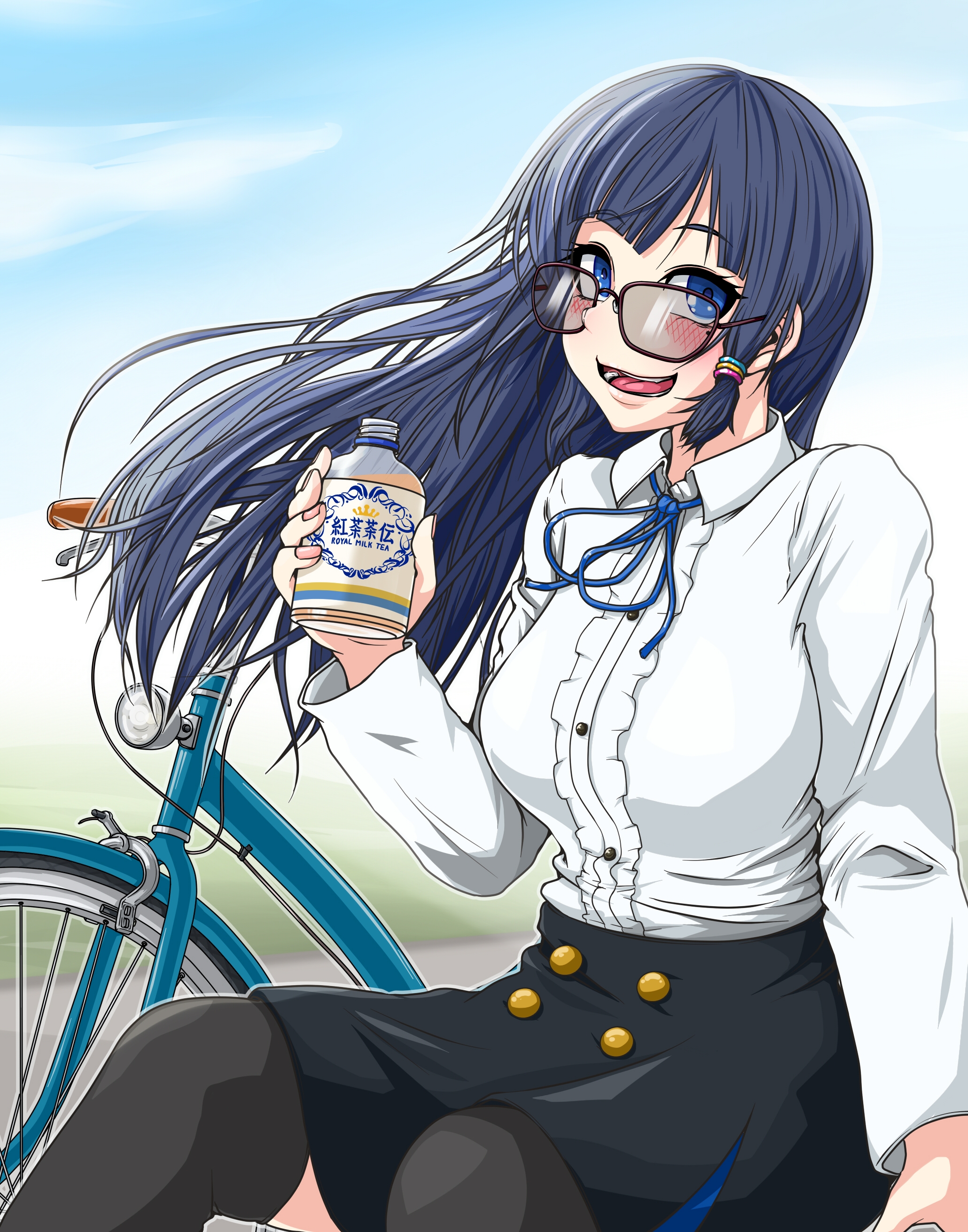 yamada naoto, fuji aoi, aoi ch., absurdres, highres, 1girl, :d, bicycle, black pantyhose, black skirt, blue eyes, breasts, day, drink, glasses, long hair, long sleeves, medium breasts, open mouth, outdoors, pantyhose, royal milk tea, shirt, sitting, skirt, smile, solo, white shirt