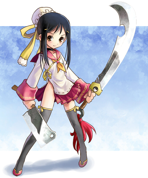 katahira masashi, original, 1girl, asymmetrical dual wielding, black hair, bow, brown eyes, child, cleaver, dual wielding, female focus, full body, hat, hatchet, holding, nata (tool), school uniform, serafuku, side slit, sidelocks, simple background, solo, standing, sword, thighhighs, weapon