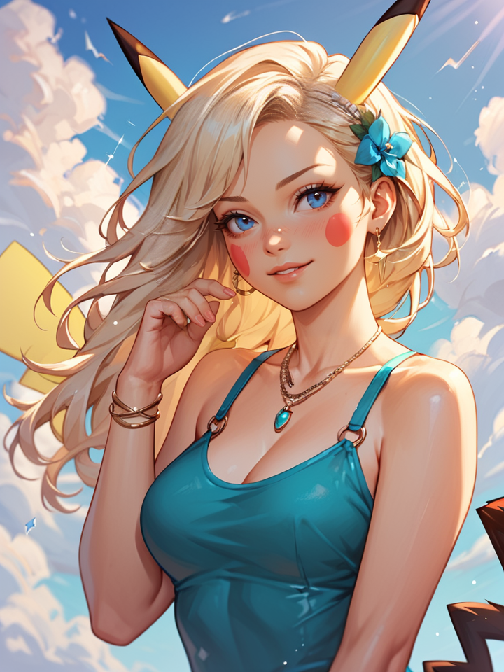 blonde hair, blue eyes, blue shirt, pikachu (cosplay), shirt