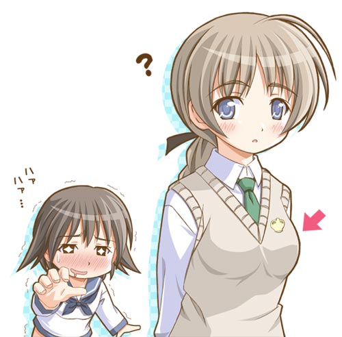 lynette bishop, miyafuji yoshika, strike witches, world witches series, lowres, 00s, 2girls, ?, arrow (symbol), blue eyes, blush, brown hair, drooling, multiple girls, necktie, saliva, school uniform, serafuku, short hair, you gonna get raped