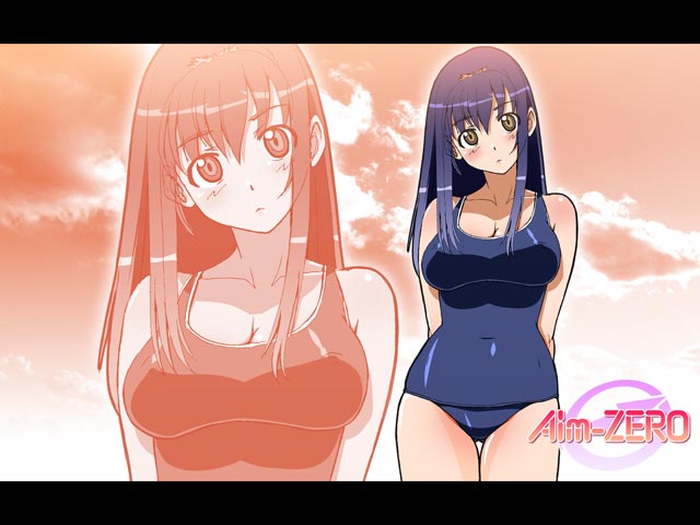 taka (aim-zero), arms behind back, blue hair, letterboxed, long hair, one-piece swimsuit, school swimsuit, sky, solo, swimsuit, yellow eyes, zoom layer