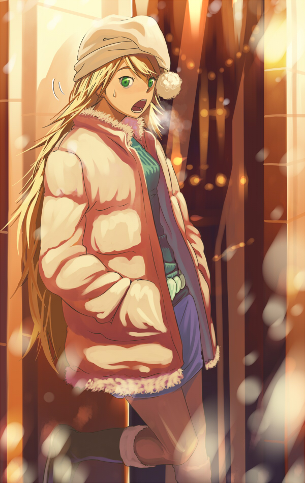inu (aerodog), hoshii miki, idolmaster, idolmaster (classic), idolmaster 1, 00s, blonde hair, breath, green eyes, hat, long hair, santa hat, scarf, snow, solo