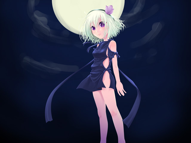 caryo, takeda yukimura, ren (fragile), fragile, fragile: sayonara tsuki no haikyo, 1girl, female focus, flower, hair flower, hair ornament, hairband, moon, purple eyes, short hair, solo, white hair
