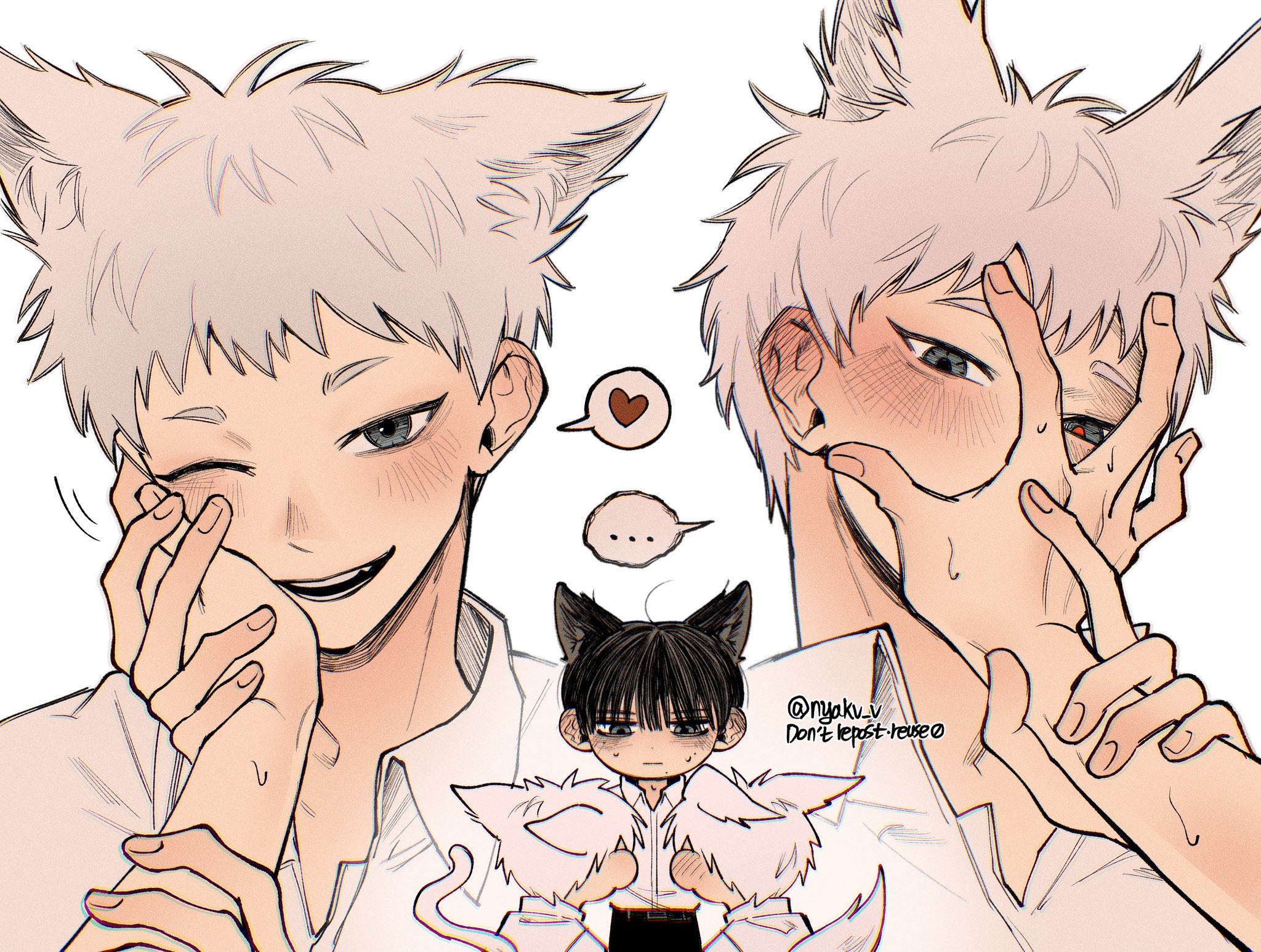 indou hikaru, tsujinaka yoshiki, hikaru ga shinda natsu, hashtag-only commentary, highres, …, 3boys, animal ears, belt, black belt, black hair, black pants, blush, cat boy, cat ears, cat tail, collared shirt, dual persona, ear blush, hand on another's face, heart, indou hikaru (human), looking at viewer, male focus, multiple boys, nyakv v, one eye closed, pants, red pupils, shirt, shirt tucked in, short hair, simple background, spoken ellipsis, spoken heart, tail, teeth, twitter username, white background, white hair, white shirt, yaoi