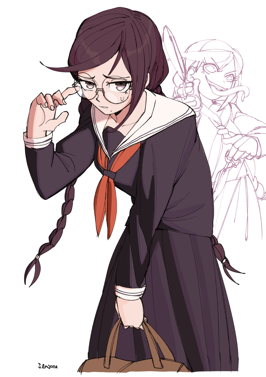 3amsoda, fukawa toko, genocider shou, danganronpa: trigger happy havoc, danganronpa (series), commentary, highres, 2girls, adjusting eyewear, bag, braid, brown bag, collared shirt, dual persona, eyelashes, fingernails, glasses, holding, holding bag, holding scissors, holding weapon, long hair, long skirt, long sleeves, long tongue, mole, mole under mouth, multiple girls, neckerchief, open mouth, purple eyes, purple hair, purple serafuku, purple shirt, purple skirt, red neckerchief, round eyewear, sailor collar, saliva, school uniform, scissors, serafuku, shirt, simple background, skirt, skirt set, smile, sweatdrop, teeth, tongue, tongue out, twin braids, twintails, upper teeth only, v-shaped eyebrows, weapon, white background, white sailor collar