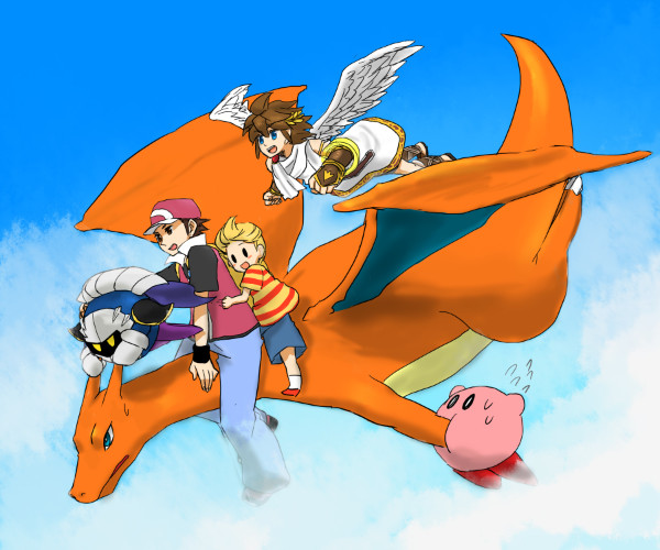 charizard, kirby, lucas (mother 3), meta knight, pit (kid icarus), red (pokemon), red (pokemon frlg), kid icarus, kirby (series), mother (series), mother 3, nintendo, pokemon, pokemon frlg, super smash bros., 00s, 3boys, biting, blonde hair, blue eyes, bracer, brown eyes, brown hair, cape, day, flying, gen 1 pokemon, gloves, male focus, mask, multiple boys, multiple riders, pokemon (creature), riding, riding pokemon, sky, wings, yellow eyes