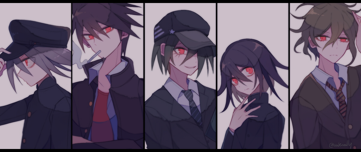 sakura (fein5862817), amami rantaro, k1-b0, momota kaito, oma kokichi, saihara shuichi, danganronpa (series), danganronpa v3: killing harmony, commentary request, 5boys, aegyo sal, alternate eye color, annoyed, baseball cap, black border, black hair, black hat, black jacket, blazer, blue necktie, border, brown jacket, brown necktie, buttons, cigarette, collared jacket, collared shirt, crazy, crazy smile, crossed arms, expressionless, eyes visible through hair, facial hair, from side, gakuran, goatee, gold buttons, green hair, grey background, grey hair, hair between eyes, hair over one eye, half-closed eye, hand on headwear, hand on own chest, hand on own head, hat, hat ornament, head tilt, height difference, high collar, jacket, lapels, long eyelashes, long sleeves, male focus, messy hair, mouth hold, multiple boys, necktie, nervous, notched lapels, official alternate costume, open clothes, open jacket, open mouth, open shirt, parted lips, peaked cap, pointy nose, purple hair, red eyes, red tank top, school uniform, shirt, short hair, simple background, smile, smoke, smoking, spiked hair, star (symbol), star hat ornament, striped necktie, sweater jacket, tank top, twitter username, undershirt, upper body, v-neck, white shirt