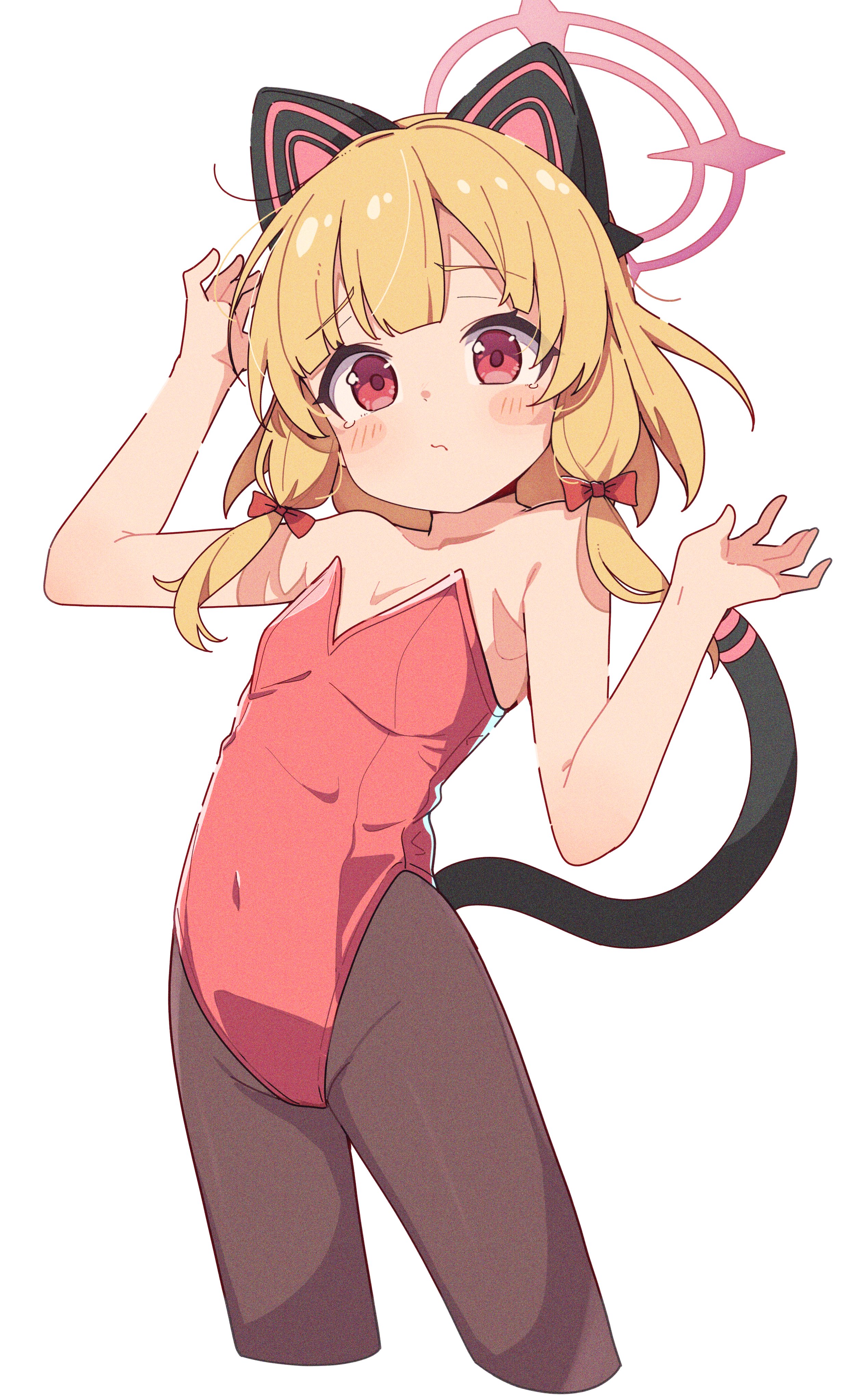 okota mikan, momoi (blue archive), blue archive, absurdres, commentary request, highres, 1girl, animal ear headphones, animal ears, arm up, bare arms, bare shoulders, blonde hair, blush stickers, bow, breasts, brown pantyhose, closed mouth, collarbone, covered groin, covered navel, cropped legs, fake animal ears, hair bow, halo, hand up, headphones, leotard, long hair, looking at viewer, pantyhose, red bow, red leotard, small breasts, solo, strapless, strapless leotard, tail, tears