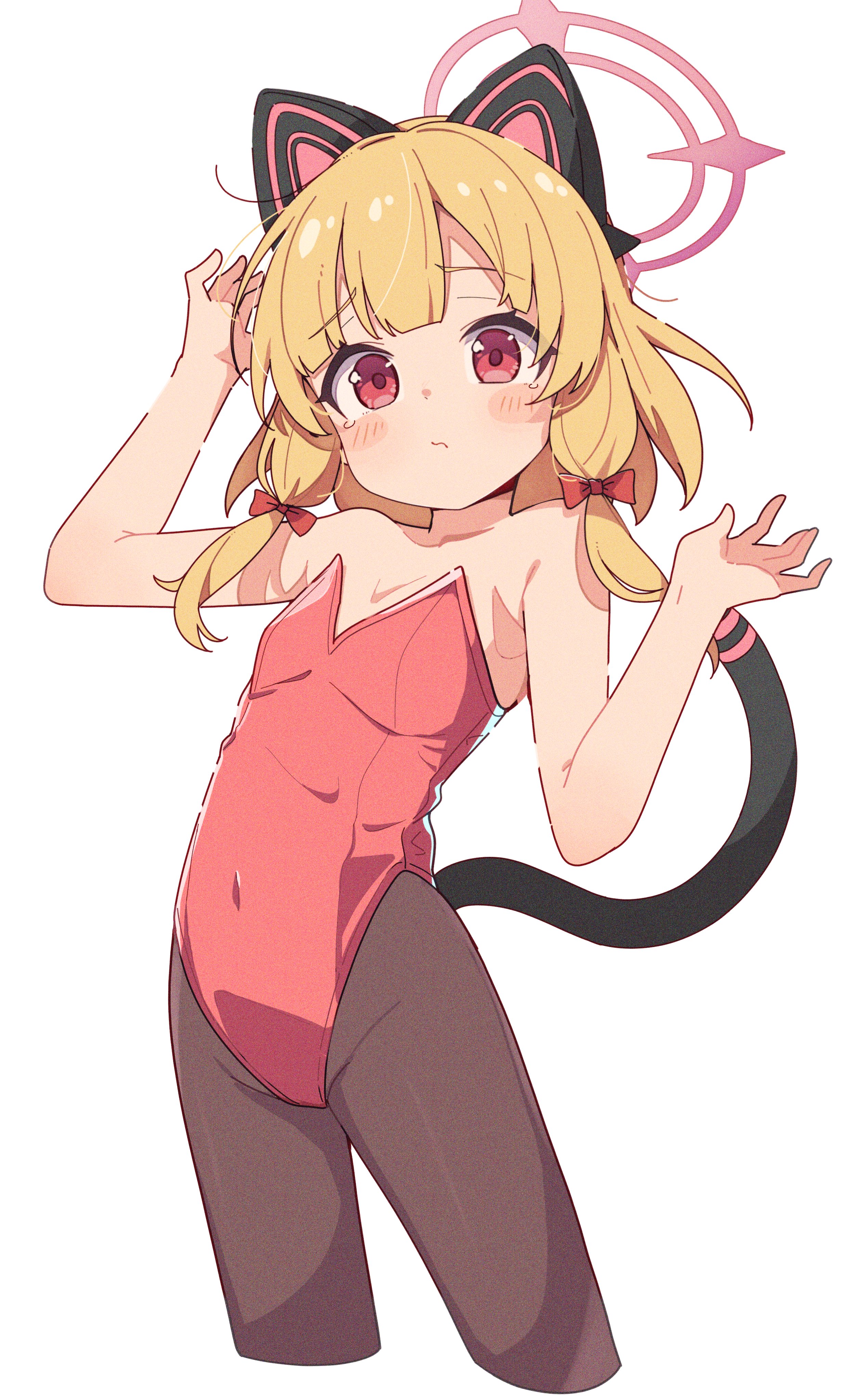 okota mikan, momoi (blue archive), blue archive, absurdres, commentary request, highres, revision, 1girl, animal ear headphones, animal ears, arm up, bare arms, bare shoulders, blonde hair, blush stickers, bow, breasts, brown pantyhose, closed mouth, collarbone, covered groin, covered navel, cropped legs, fake animal ears, hair bow, halo, hand up, headphones, leotard, long hair, looking at viewer, pantyhose, red bow, red leotard, small breasts, solo, strapless, strapless leotard, tail, tears