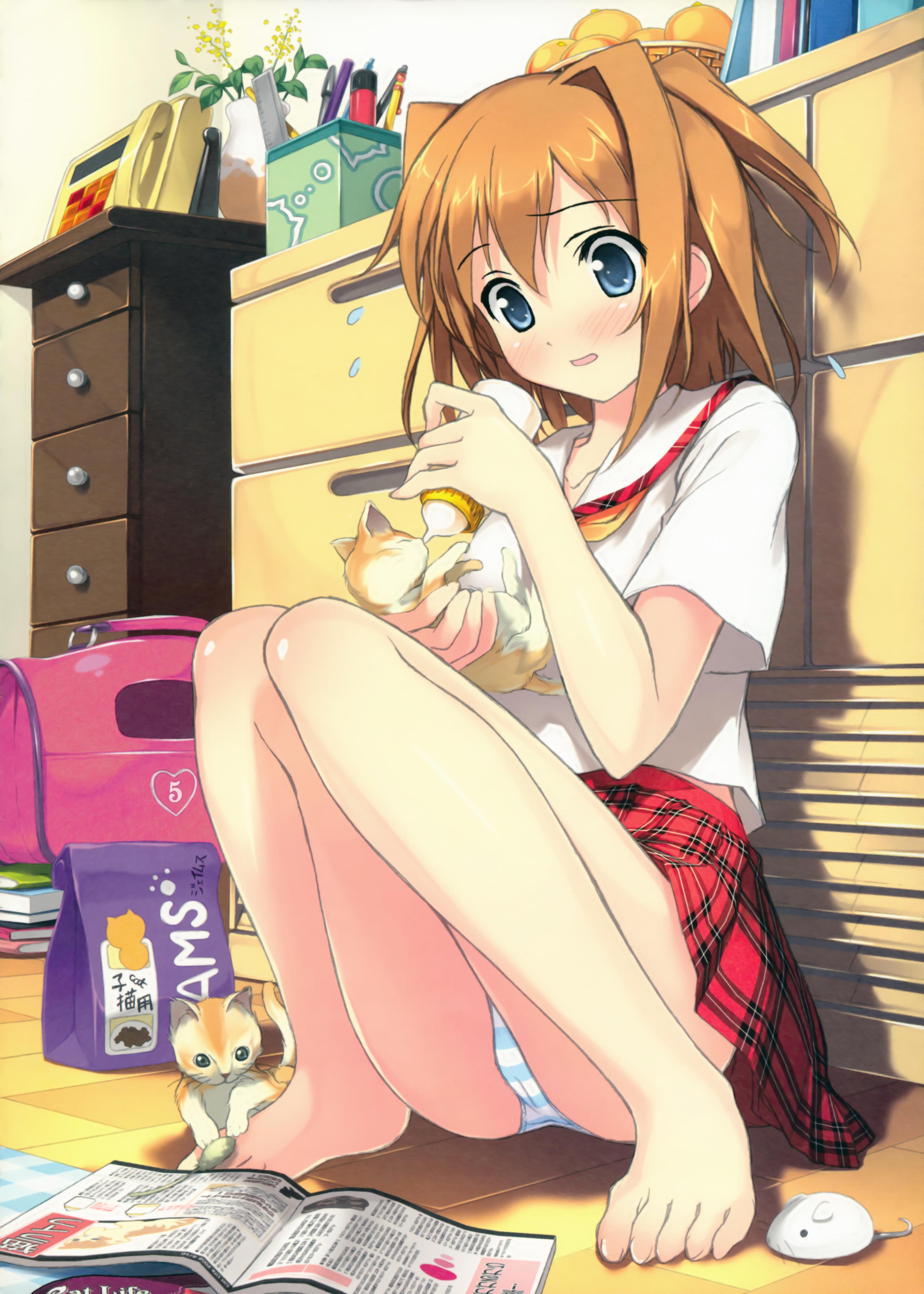 kantoku, miyaguchi kei, iams, original, absurdres, highres, scan, 1girl, :o, against wall, baby animal, baby bottle, bag, barefoot, basket, blue eyes, blue panties, blush, book, bottle, cameltoe, cat, cat teaser, checkered floor, chest of drawers, duffel bag, embarrassed, feeding, feet, female focus, floor, flower, food, fruit, hair between eyes, hair intakes, heart, holding, indoors, kitten, knees together feet apart, legs, loli, looking down, midriff, mouse (animal), necktie, on floor, one side up, open mouth, orange (fruit), orange hair, panties, pantyshot, pen, perspective, phone, plaid clothes, plaid skirt, pleated skirt, ponytail, product placement, ruler, school uniform, serafuku, shadow, shirt, short hair, sidelocks, sitting, skirt, solo, striped clothes, striped panties, surprised, sweatdrop, underwear, upskirt, vase, white panties