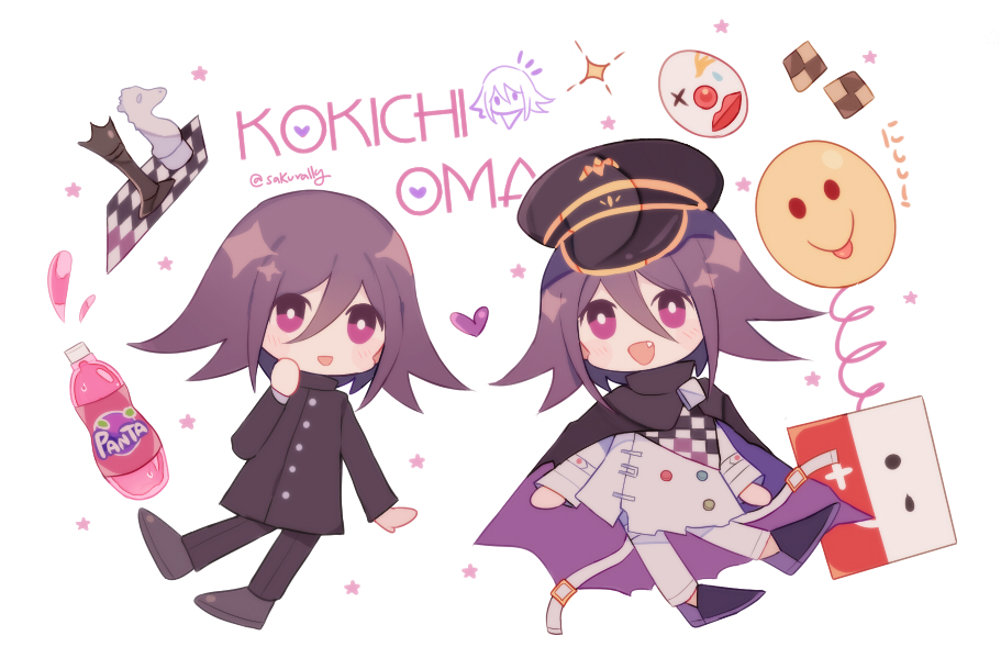 sakura (fein5862817), oma kokichi, danganronpa (series), danganronpa v3: killing harmony, 2boys, arm belt, balloon, belt, belt buckle, black cloak, black hat, black jacket, black pants, black scarf, black shoes, blush stickers, bottle, bright pupils, buckle, buttons, character name, checkered clothes, checkered scarf, chess piece, chessboard, chibi, cloak, clown mask, collared cloak, collared jacket, denim, doodle inset, double-breasted, dress shoes, dual persona, fang, gakuran, grey shoes, hair between eyes, hand on own cheek, hand on own face, hat, heart, high collar, jack-in-the-box, jacket, jeans, layered sleeves, long hair between eyes, long sleeves, looking at viewer, mask, multicolored buttons, multicolored shoes, multiple boys, official alternate costume, open belt, open mouth, pants, peaked cap, purple cloak, purple eyes, purple hair, purple shoes, scarf, school uniform, shoes, short hair, simple background, smile, soda, soda bottle, sparkle, star (symbol), thigh belt, thigh strap, torn cloak, torn clothes, torn jeans, torn pants, twitter username, two-sided cloak, two-sided fabric, two-tone scarf, two-tone shoes, unworn mask, white background, white belt, white jacket, white mask, white pants, white pupils, white scarf