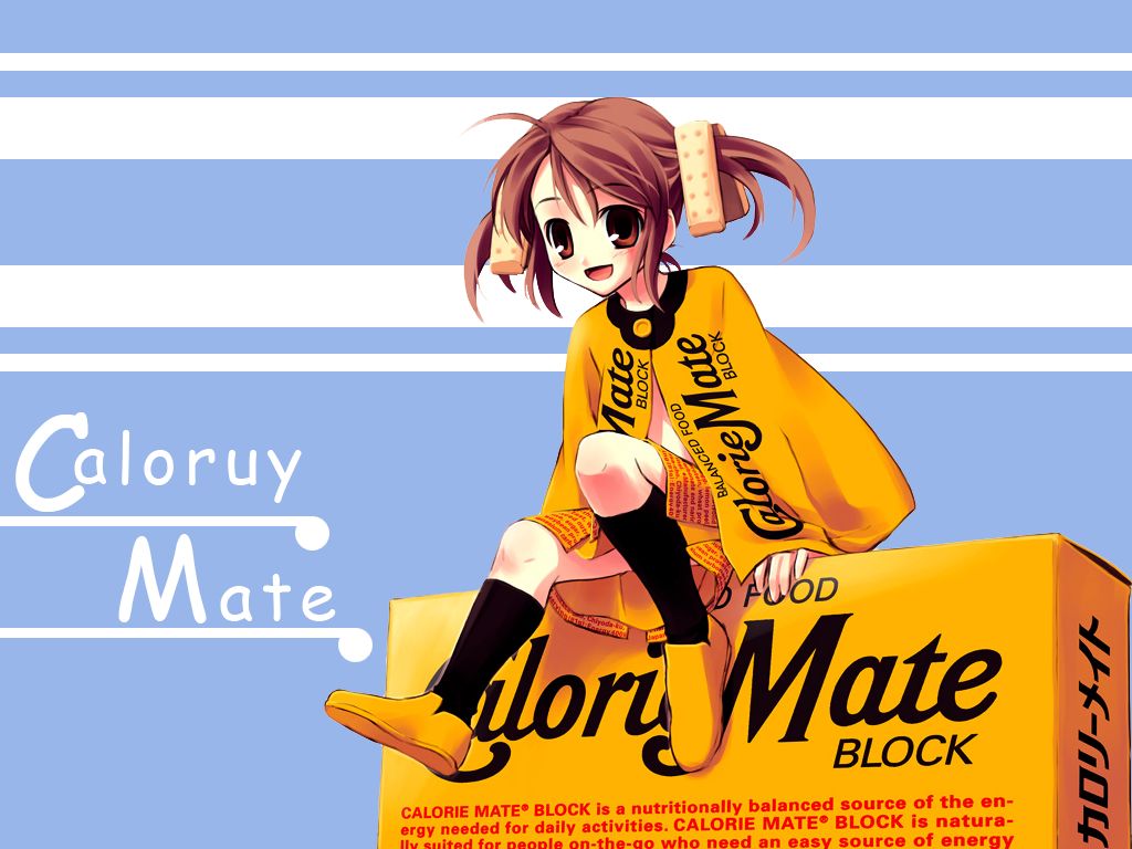 hiroyama hiroshi, caloriemate, gijinka-tan hakusho, 1girl, box, brown eyes, brown hair, cracker, english text, female focus, food, food-themed clothes, mini person, minigirl, on box, personification, shoes, short hair, short twintails, sitting, sitting on box, solo, twintails, typo, yellow shoes
