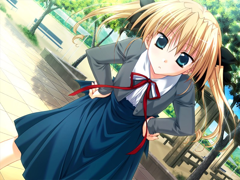 asaba yuu, odamaki hina, aster (game), game cg, non-web source, 1girl, blonde hair, blue eyes, dutch angle, female focus, hands on own hips, long hair, park, solo, twintails
