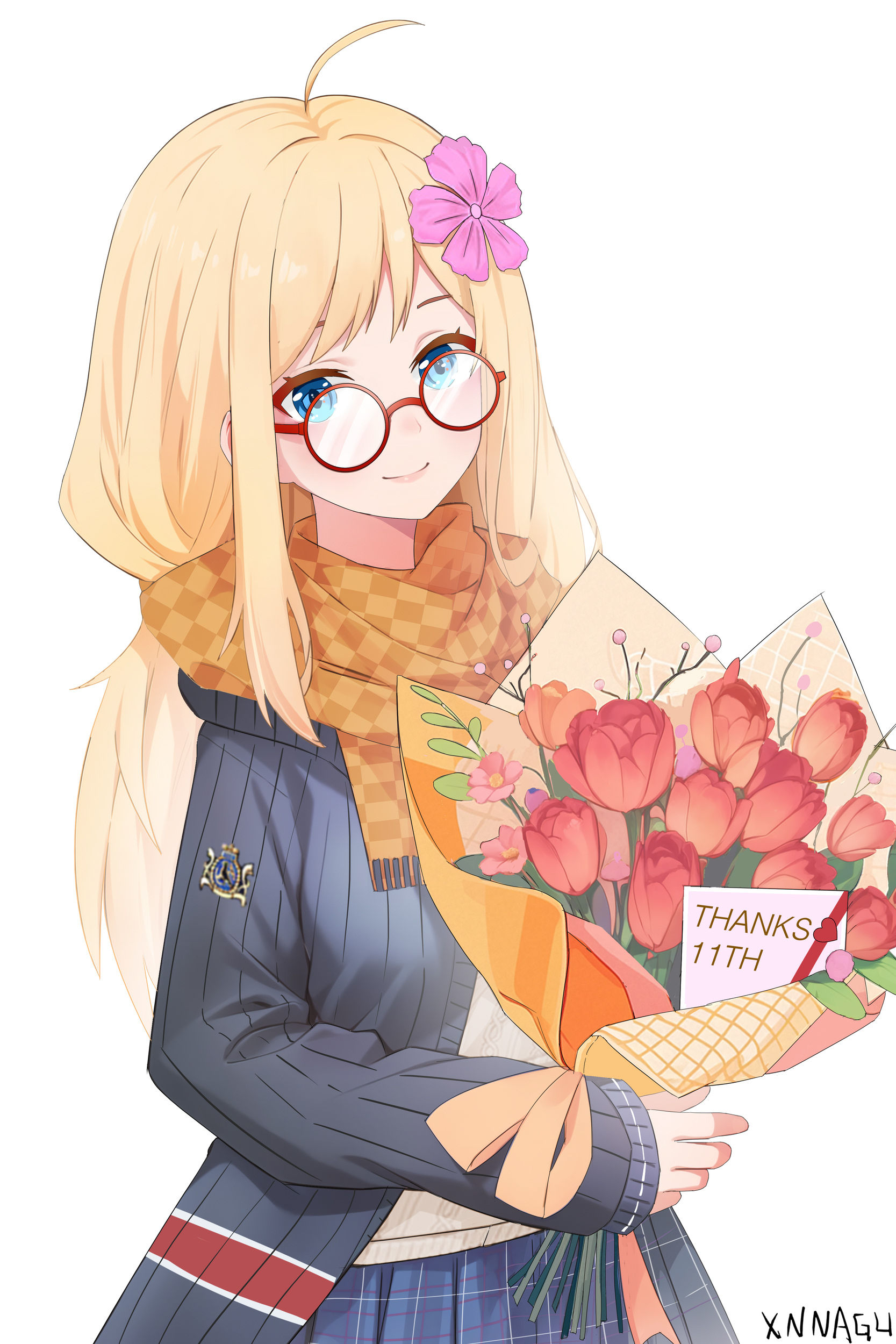 xnnagu, hood (warship girls r), warship girls r, absurdres, commentary request, highres, 1girl, ahoge, anniversary, blonde hair, blue eyes, blue sweater, blush, border, bouquet, breasts, cardigan, checkered clothes, checkered scarf, emblem, english text, envelope, flower, glasses, hair flower, hair ornament, heart, holding, holding bouquet, lips, long hair, long sleeves, looking at viewer, medium breasts, necktie, open cardigan, open clothes, outside border, plaid clothes, plaid skirt, red-framed eyewear, rose, round eyewear, royal navy, scarf, school uniform, shirt, signature, simple background, skirt, smile, solo, stamp mark, sweater, union jack, upper body, valentine, white background, white shirt