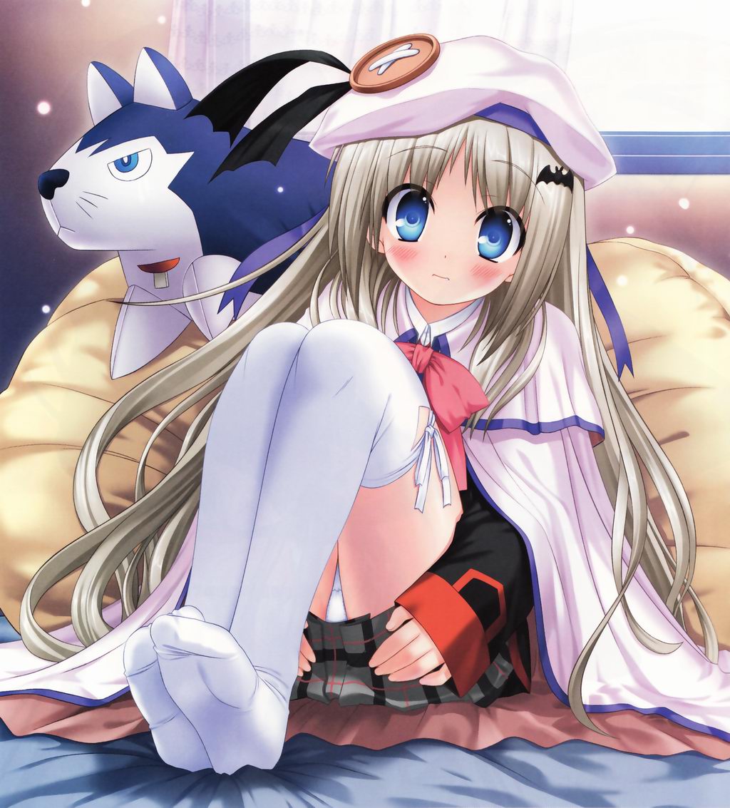 na-ga, noumi kudryavka, little busters!, non-web source, 1girl, bed, beret, blue eyes, blush, bow, dog, feet, female focus, hair ornament, hairclip, hat, large buttons, long hair, no shoes, panties, pantyshot, pillow, pink bow, school uniform, soles, solo, stuffed animal, stuffed toy, thighhighs, underwear, white hair, white panties, window
