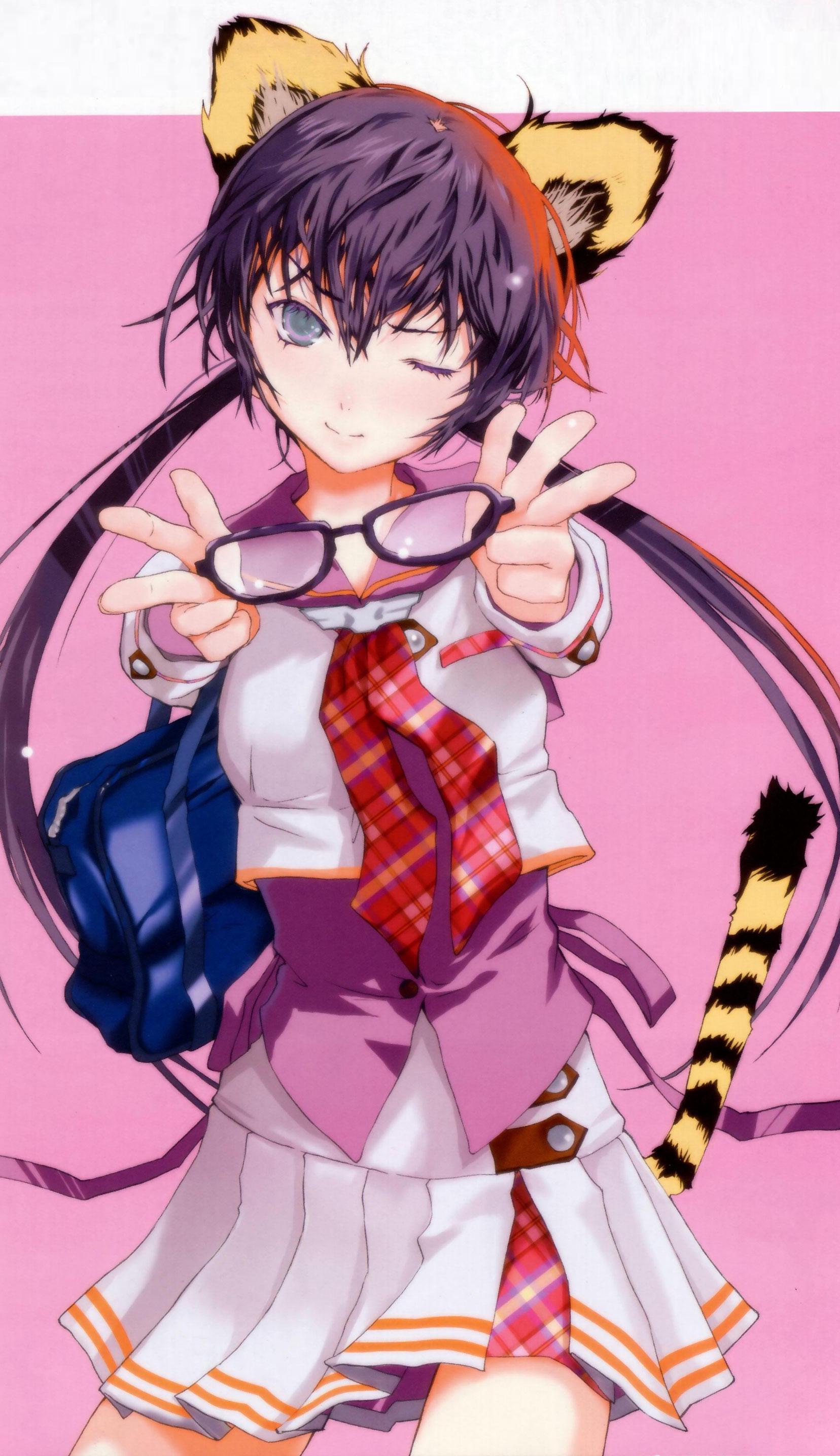 fuyuno haruaki, nag, plaid, absurdres, highres, 1girl, animal ears, female focus, glasses, green eyes, head tilt, long hair, one eye closed, pleated skirt, purple background, purple hair, school uniform, skirt, smile, solo, tail, tiger ears, twintails