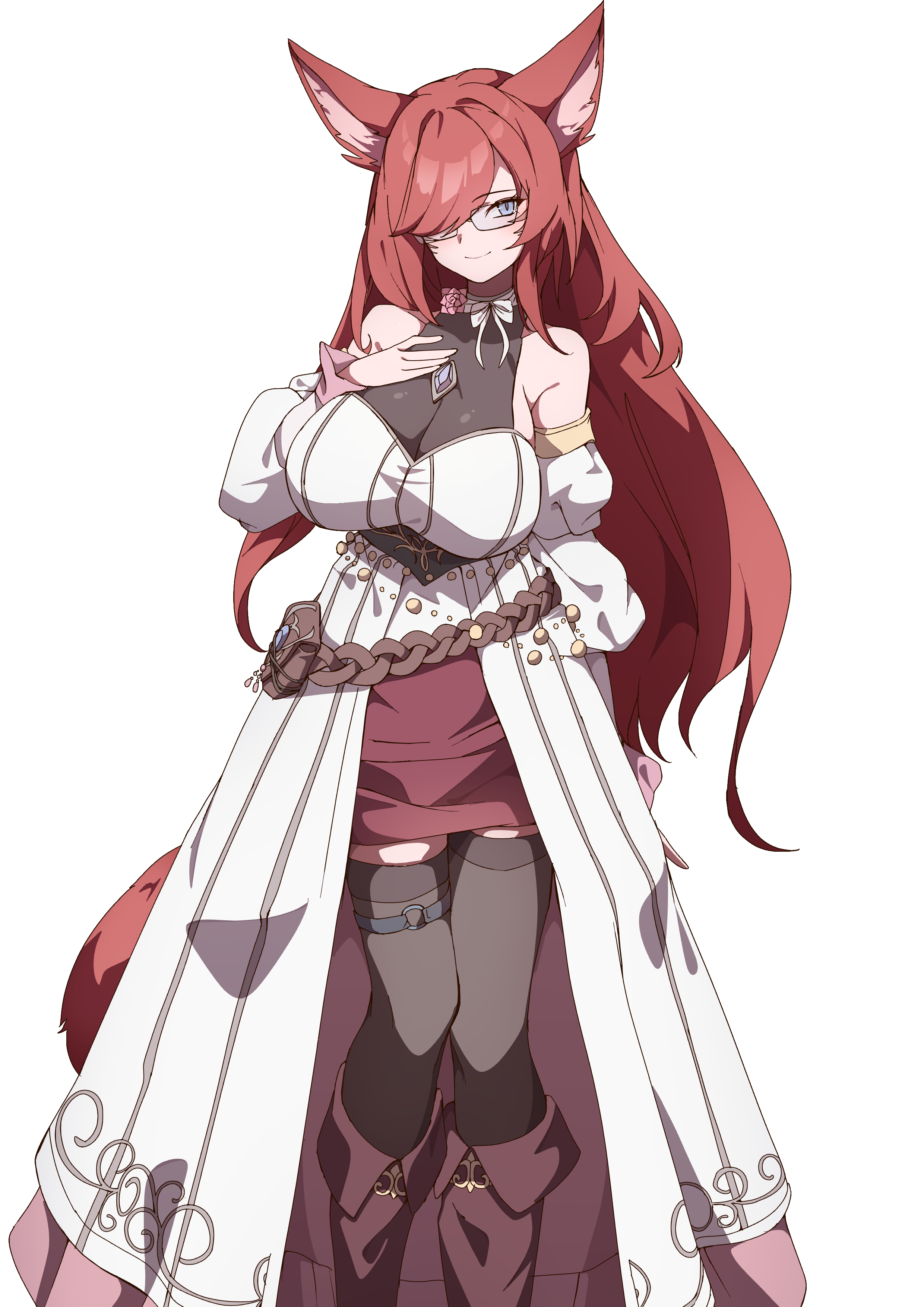 to (tototo tk), final fantasy, final fantasy xiv, original, absurdres, commission, commissioner upload, highres, skeb commission, 1girl, animal ears, belt pouch, boots, breasts, dress, facial mark, flower, fox ears, fox girl, fox tail, gem, glasses, hair over one eye, large breasts, long hair, m'arie kheckdizi, miqo'te, neck ribbon, pink flower, pouch, red hair, ribbon, skirt, smile, tail, thighhighs, white dress
