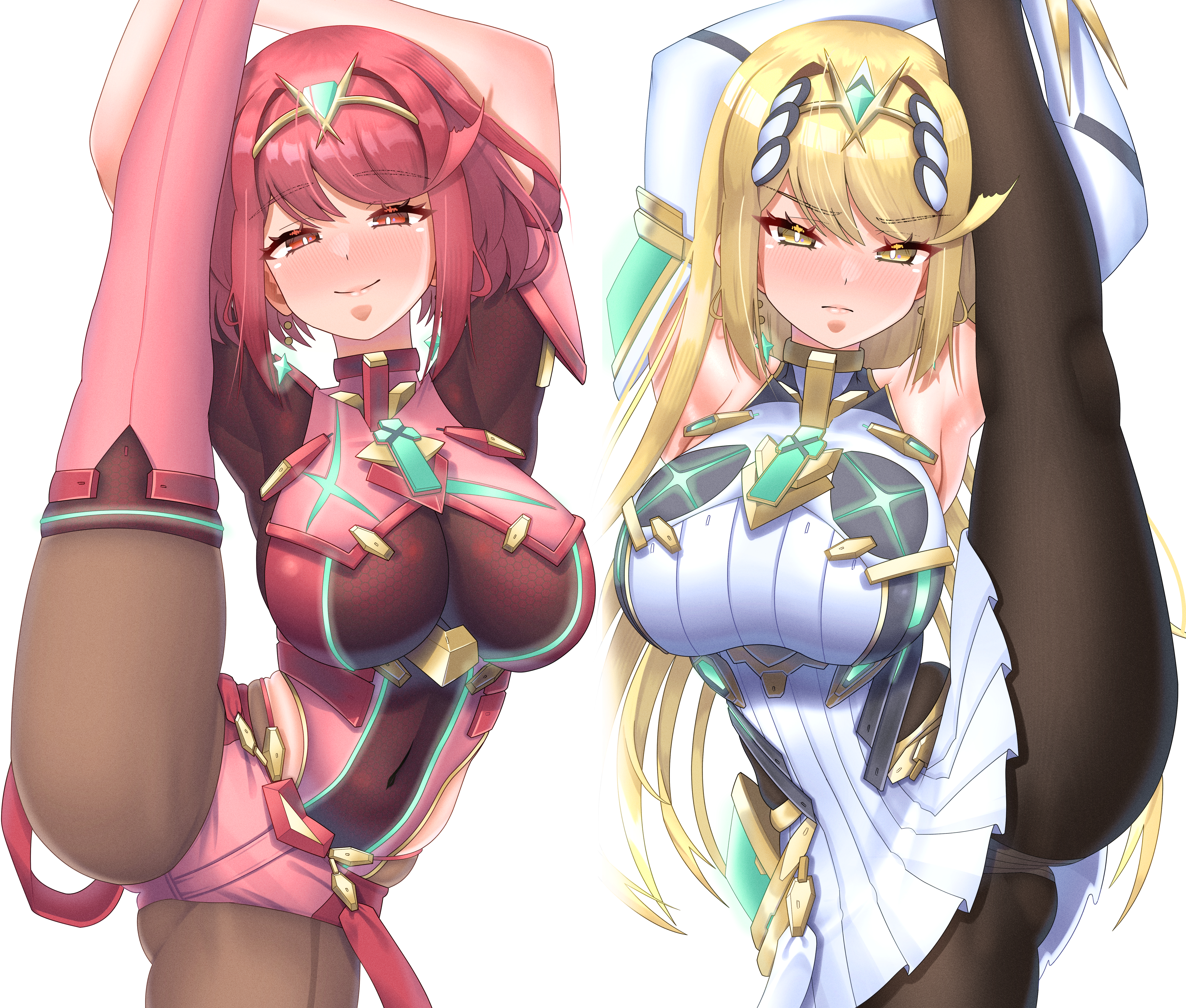 meipasuye, mythra (massive melee) (xenoblade), mythra (xenoblade), pyra (xenoblade), nintendo, super smash bros., xenoblade chronicles (series), xenoblade chronicles 2, absurdres, commentary request, highres, 2girls, arm guards, armor, armpits, ass, bare shoulders, black gloves, black pantyhose, blonde hair, blush, bob cut, breasts, chest jewel, core crystal (xenoblade), dress, earrings, elbow gloves, fingerless gloves, floating earrings, gloves, half-closed eyes, impossible clothes, jewelry, large breasts, leg up, long hair, micro shorts, microdress, multiple girls, neon trim, pantyhose, pantyhose under shorts, red eyes, red hair, red shorts, short hair, short sleeves, shorts, shoulder armor, smile, suspenders, swept bangs, thighhighs, thighhighs over pantyhose, tiara, very long hair, white dress, white gloves, yellow eyes