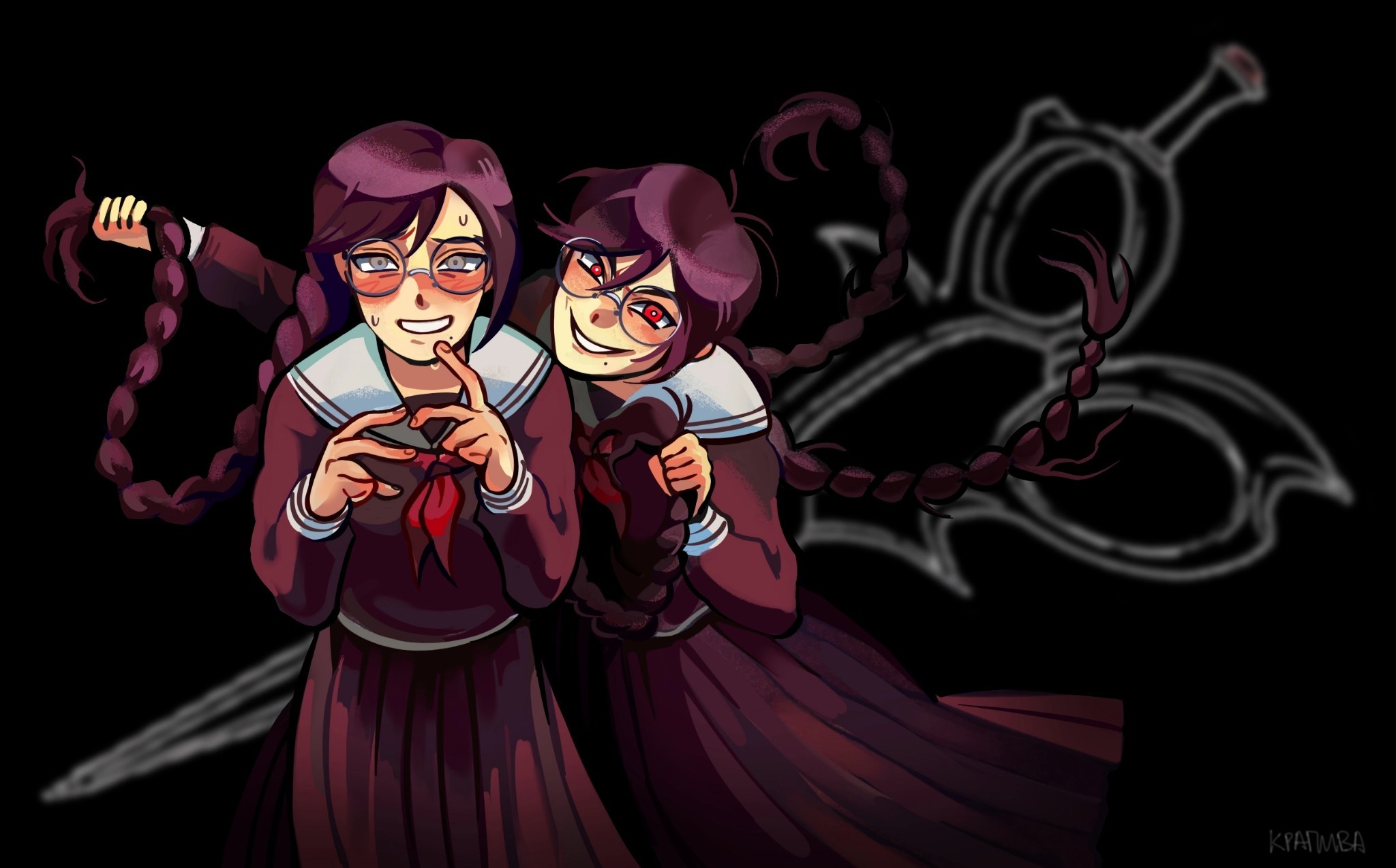 fukawa toko, genocider shou, danganronpa: trigger happy havoc, danganronpa (series), highres, 2girls, black background, blurry, blurry background, blush, braid, bright pupils, collared shirt, dual persona, fingernails, floating hair, glasses, holding another's hair, kpiva, long hair, long skirt, long sleeves, mole, mole under mouth, multiple girls, neckerchief, nervous smile, purple eyes, purple hair, purple serafuku, purple shirt, purple skirt, red eyes, red neckerchief, round eyewear, sailor collar, school uniform, scissors, serafuku, shirt, skirt, skirt set, smile, sweatdrop, twin braids, twintails, white pupils, white sailor collar