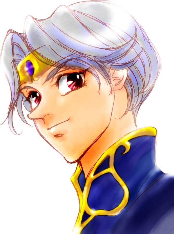 sasa no manami, dilandau albatou, tenkuu no escaflowne, silver hair, 1990s (style), 1boy, circlet, male focus, portrait, red eyes, short hair, solo, upper body