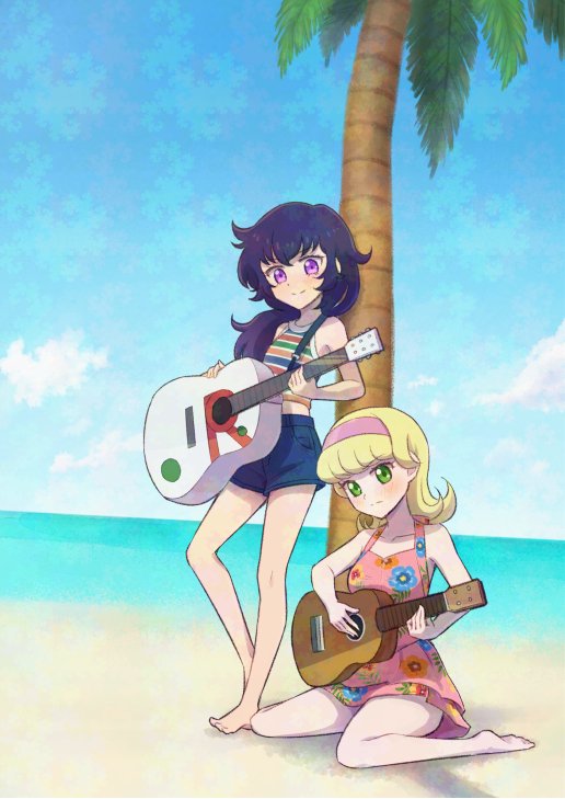 burningyurijoji, goha yuuna, kirishima rovian, yu-gi-oh!, yu-gi-oh! go rush!!, 2girls, barefoot, beach, blonde hair, blue sky, day, green eyes, guitar, hairband, holding, holding guitar, holding instrument, instrument, long hair, multiple girls, ocean, palm tree, pink hairband, purple eyes, purple hair, sitting, sky, striped clothes, swimsuit, tree