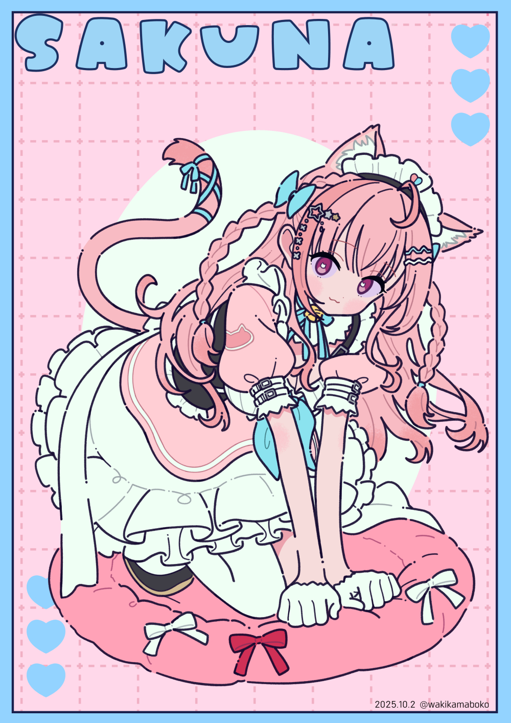 neki (wakiko), yuuki sakuna, indie virtual youtuber, commentary, highres, 1girl, :3, animal ears, bell, black shoes, blue border, blue bow, border, bow, braid, cat ears, cat girl, cat tail, character name, closed mouth, dated, dotted line, dress, frilled skirt, frills, full body, gloves, grid background, half gloves, heart, jingle bell, long hair, looking at viewer, maid, maid headdress, neck bell, pantyhose, pink background, pink dress, pink hair, puffy short sleeves, puffy sleeves, purple eyes, shoes, short sleeves, single leg pantyhose, skirt, solo, tail, twin braids, twitter username, two side up, very long hair, virtual youtuber, white gloves, white pantyhose, white skirt