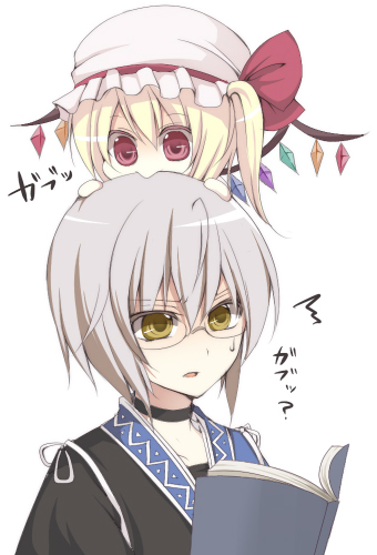 yuki miya, yuki yuki, flandre scarlet, morichika rinnosuke, touhou, silver hair, lowres, 1boy, 1girl, :>, ^^^, biting, blonde hair, book, bow, chibi, chibi on head, glasses, hat, hat bow, head biting, on head, open book, reading, red eyes, short hair, side ponytail, sweat, wings, yellow eyes