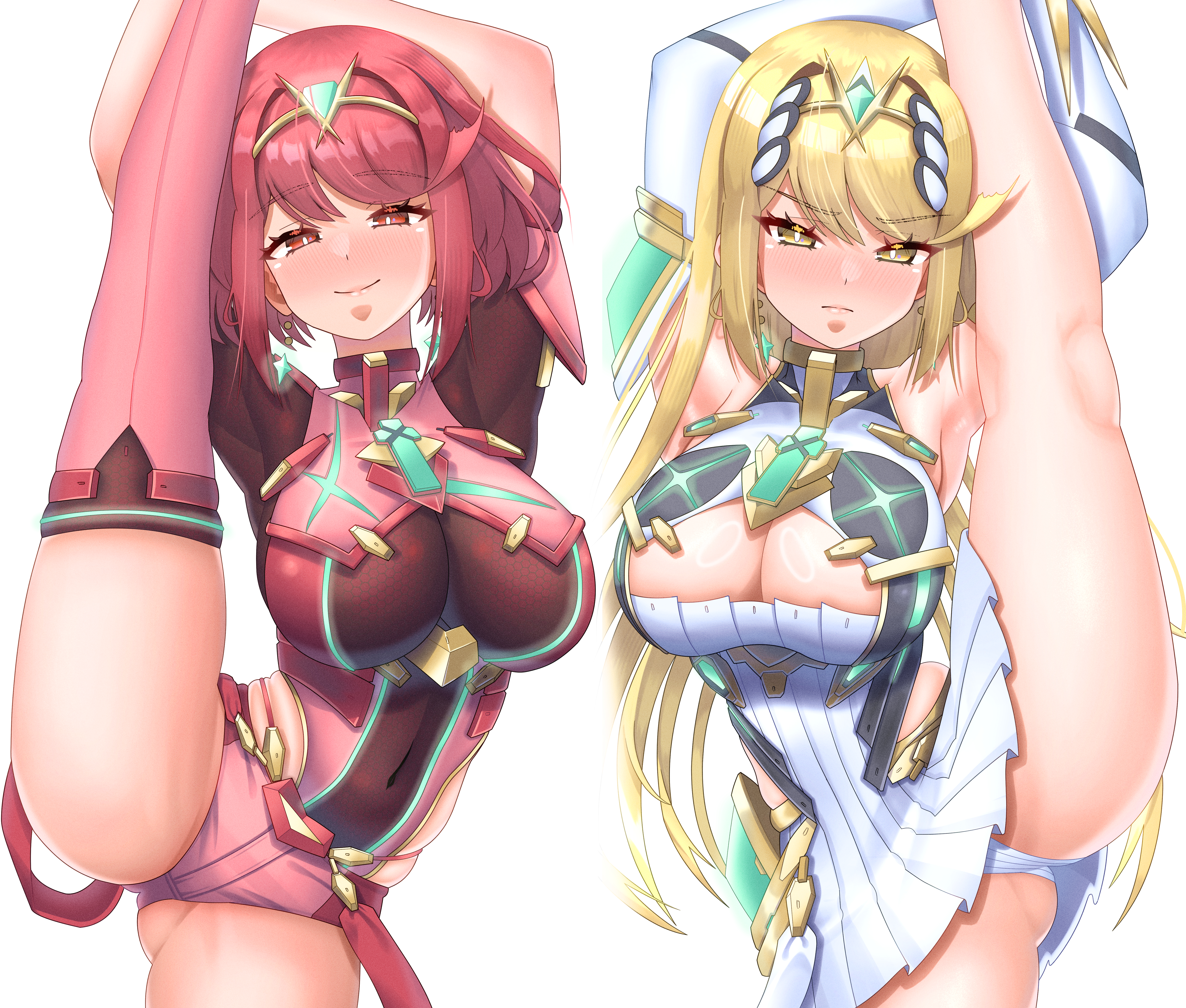 meipasuye, mythra (xenoblade), pyra (xenoblade), xenoblade chronicles (series), xenoblade chronicles 2, absurdres, commentary request, highres, 2girls, arm guards, armor, armpits, ass, bare shoulders, black gloves, blonde hair, blush, bob cut, breasts, chest jewel, cleavage, cleavage cutout, clothing cutout, core crystal (xenoblade), covered navel, dress, earrings, elbow gloves, fingerless gloves, floating earrings, gloves, half-closed eyes, impossible clothes, jewelry, large breasts, leg up, long hair, micro shorts, microdress, multiple girls, neon trim, panties, pantyshot, red eyes, red hair, red shorts, short hair, short shorts, short sleeves, shorts, shoulder armor, smile, split, standing, standing on one leg, standing split, suspenders, swept bangs, thighhighs, tiara, underwear, very long hair, white dress, white gloves, white panties, yellow eyes