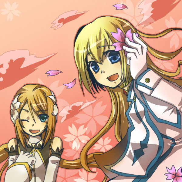 nobu (knob), colette brunel, marta lualdi, tales of (series), tales of symphonia, tales of symphonia: dawn of the new world, bad id, bad pixiv id, 00s, 2girls, blonde hair, blue eyes, brown hair, cloud, cloudy sky, dawn, flower, gloves, happy, long hair, looking at viewer, multiple girls, one eye closed, pink background, sky, smile, white gloves, wink