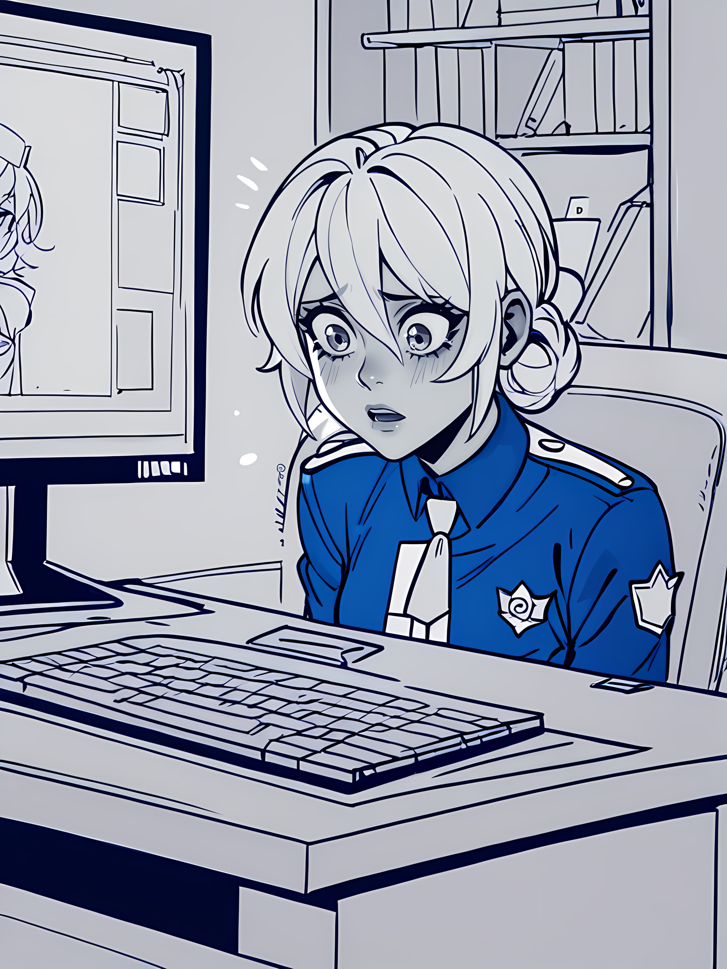 monitor, police, police uniform, surprised