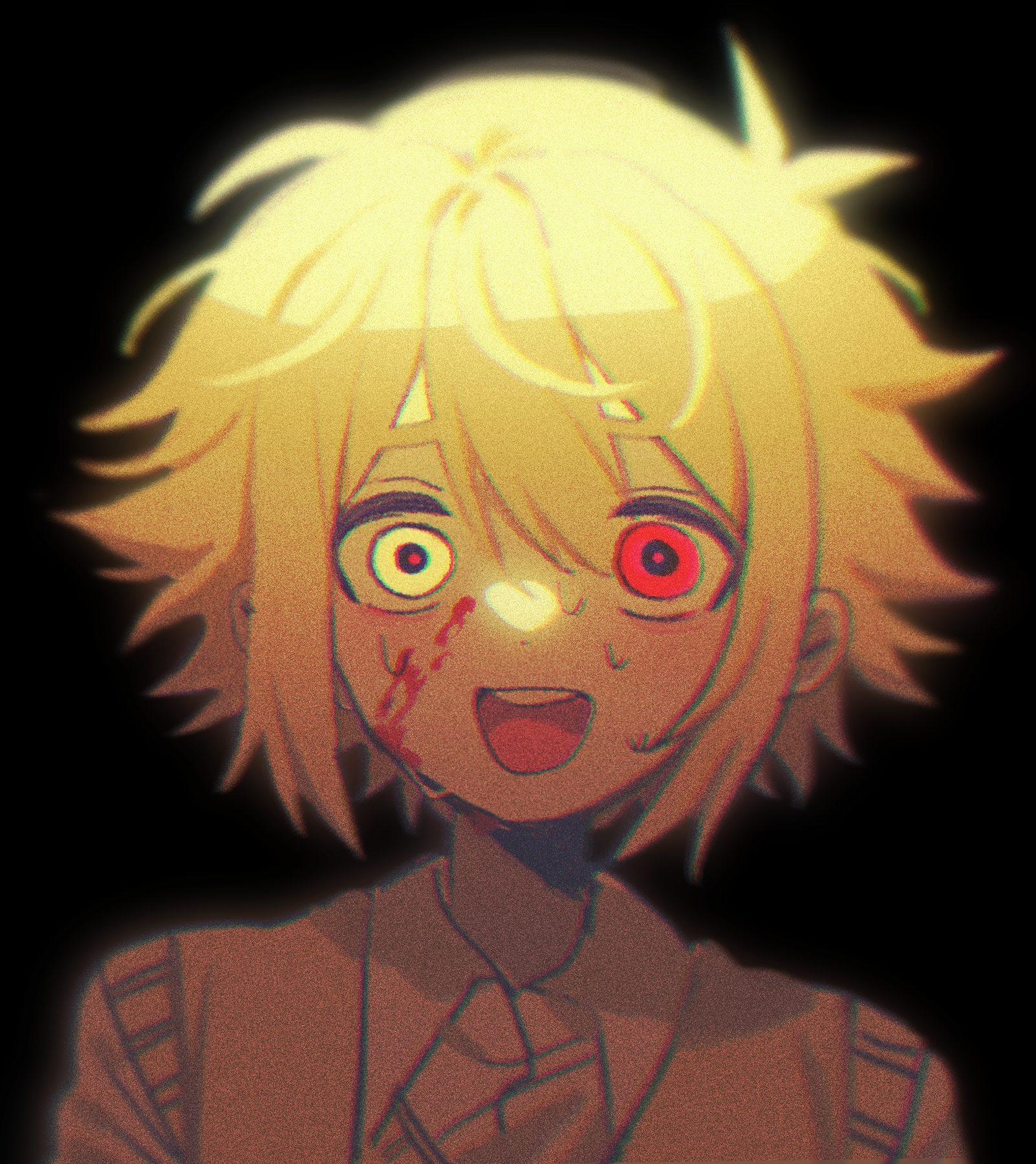 my loleeta, basil (faraway) (omori), basil (omori), omori, highres, 1boy, :d, alternate eye color, antenna hair, black background, blonde hair, blood, blood on cheek, blood on face, brown shirt, brown sweater vest, chromatic aberration, collared shirt, double-parted bangs, film grain, hair between eyes, heterochromia, male focus, open mouth, portrait, shirt, short hair, simple background, smile, solo, straight-on, sweat, sweater vest, teeth, tongue, upper teeth only, wide-eyed, yellow eyes