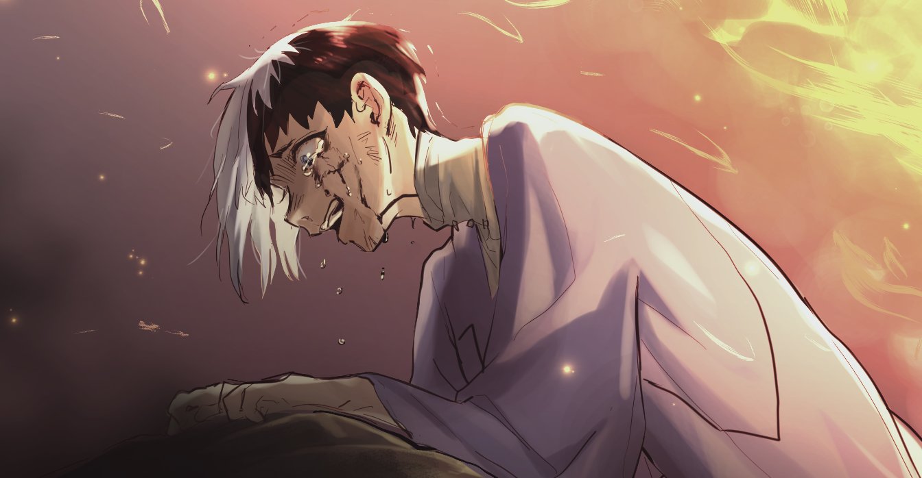 asagiri gen, dr. stone, chinese commentary, commentary request, 1boy, blue eyes, crying, crying with eyes open, death, fire, gegewannabefree, holding, japanese clothes, kimono, long hair, long sleeves, multicolored hair, purple kimono, simple background, sitting, streaming tears, tears