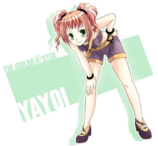 takatsuki yayoi, idolmaster, idolmaster (classic), idolmaster 1, non-web source, 00s, 1girl, :3, bent over, brown hair, cool & sexy (idolmaster), female focus, green eyes, short hair, solo, twintails