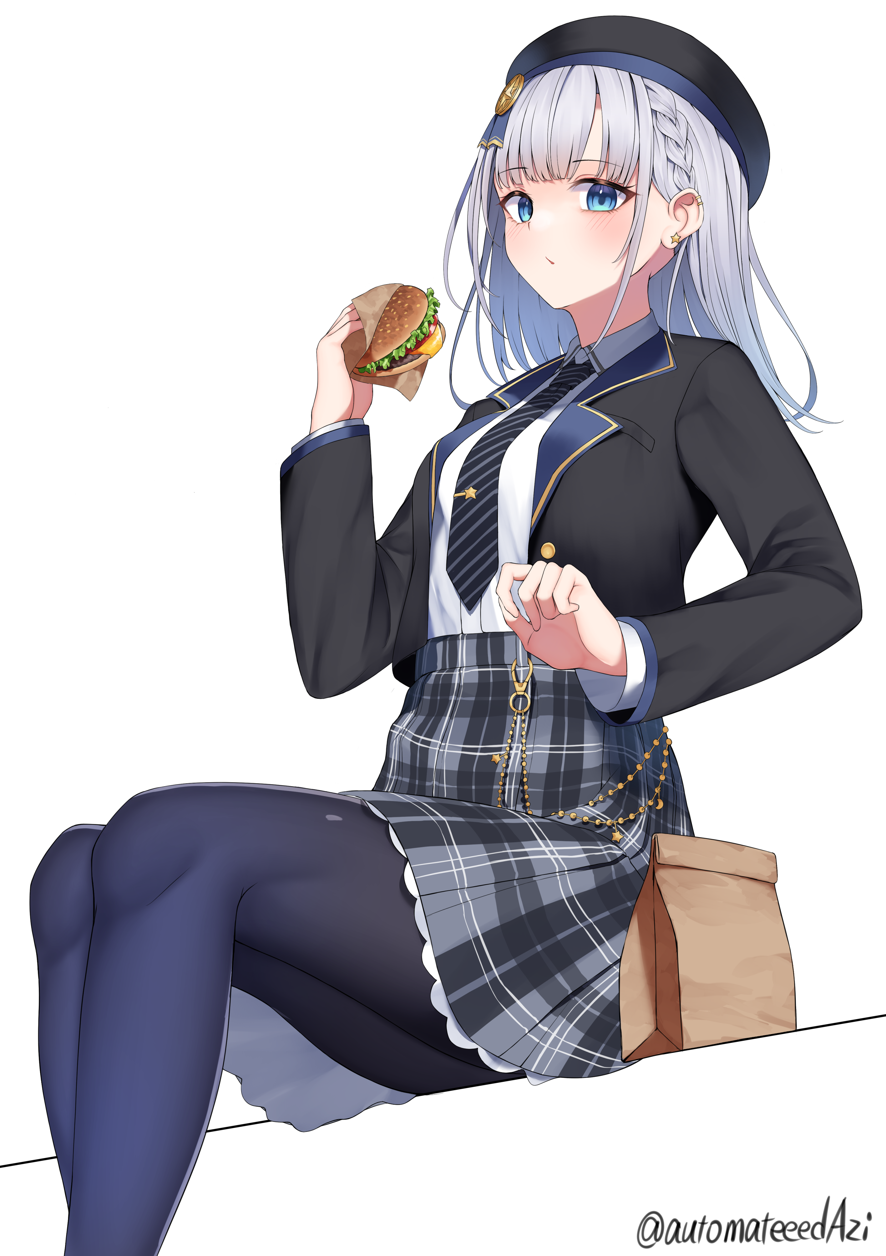 m->g, ririse, asumi ririse, voicepeak, absurdres, highres, 1girl, black hat, black jacket, black necktie, black pantyhose, black skirt, blue eyes, braid, breasts, collared shirt, ear piercing, feet out of frame, grey hair, hat, jacket, light smile, long sleeves, looking at viewer, medium hair, necktie, pantyhose, piercing, pleated skirt, shirt, simple background, sitting, skirt, solo