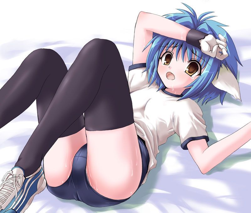shinshin, mint blancmanche, galaxy angel, 1girl, animal ears, bed, blue hair, buruma, female focus, gloves, gym uniform, loli, looking at viewer, lying, on back, open mouth, shoes, short hair, sneakers, solo, sweat, thighhighs, yellow eyes