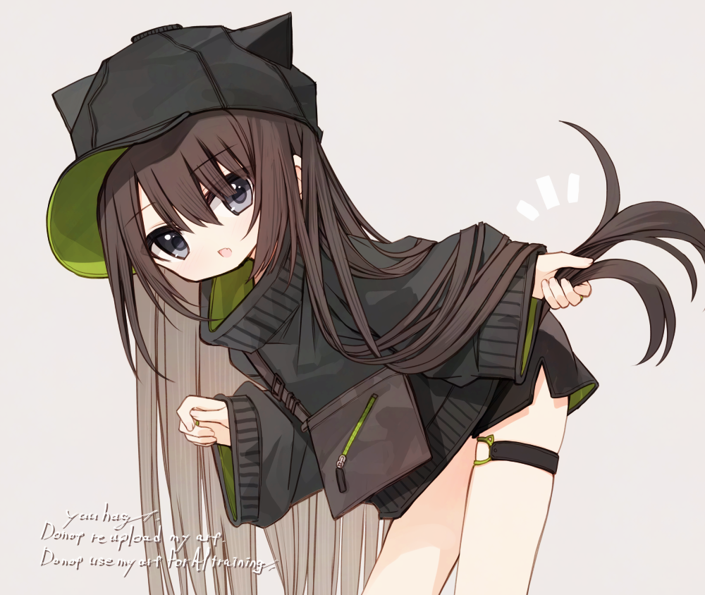 yuuhagi (amaretto-no-natsu), shiho (yuuhagi (amaretto-no-natsu)), original, 1girl, animal ears, animal hat, black jacket, brown hair, fake animal ears, grey background, hair between eyes, hat, jacket, long hair, long sleeves, looking at viewer, short shorts, shorts, sleeves past wrists, solo, very long hair, watermark