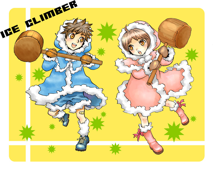 ice climbers, nana (ice climber), popo (ice climber), ice climber, nintendo, 00s, 1boy, 1girl, :d, :o, brown hair, gloves, hammer, hood, open mouth, smile, yellow eyes