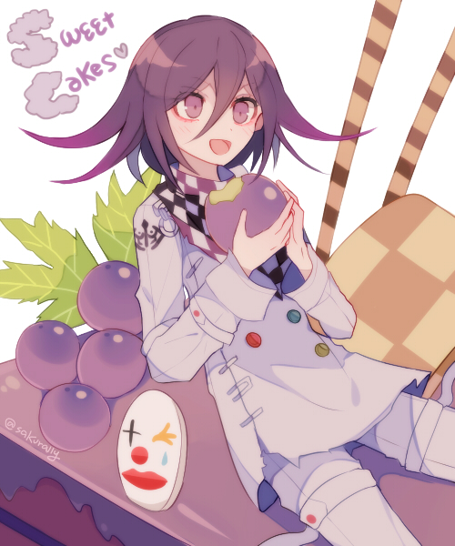 sakura (fein5862817), oma kokichi, danganronpa (series), danganronpa v3: killing harmony, commentary request, 1boy, aegyo sal, arm belt, belt, black scarf, buttons, cake, chain, checkerboard cookie, checkered clothes, checkered scarf, cinnamon stick, clown mask, cookie, cowboy shot, crest, double-breasted, dress pants, english text, eyelashes, food, fruit, grapes, hair between eyes, happy, holding, holding food, holding fruit, jacket, leaf, long hair between eyes, long sleeves, looking ahead, male focus, mask, multicolored buttons, multiple belts, on food, open belt, oversized food, oversized object, pants, purple eyes, purple hair, scarf, short hair, simple background, sitting, sleeve cuffs, solo, thigh belt, thigh strap, torn clothes, torn jacket, twitter username, two-tone scarf, unworn mask, white background, white belt, white jacket, white mask, white pants, white scarf