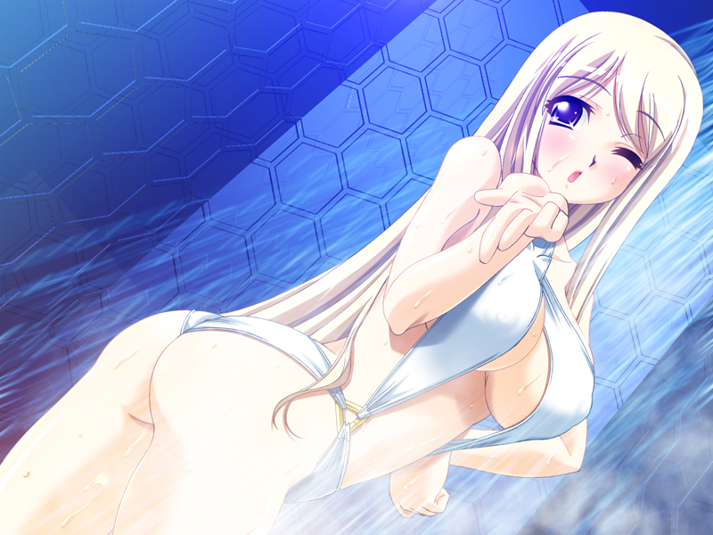 shinozuka atsuto, gelsomina piacentini, dyogrammaton, game cg, non-web source, 1girl, ass, blonde hair, blowing kiss, blue eyes, blush, breasts, cleavage, covered erect nipples, dutch angle, female focus, kiss, long hair, looking back, one-piece swimsuit, one eye closed, purple eyes, showering, slingshot swimsuit, solo, swimsuit, underboob, wet, white one-piece swimsuit, white slingshot swimsuit, wink