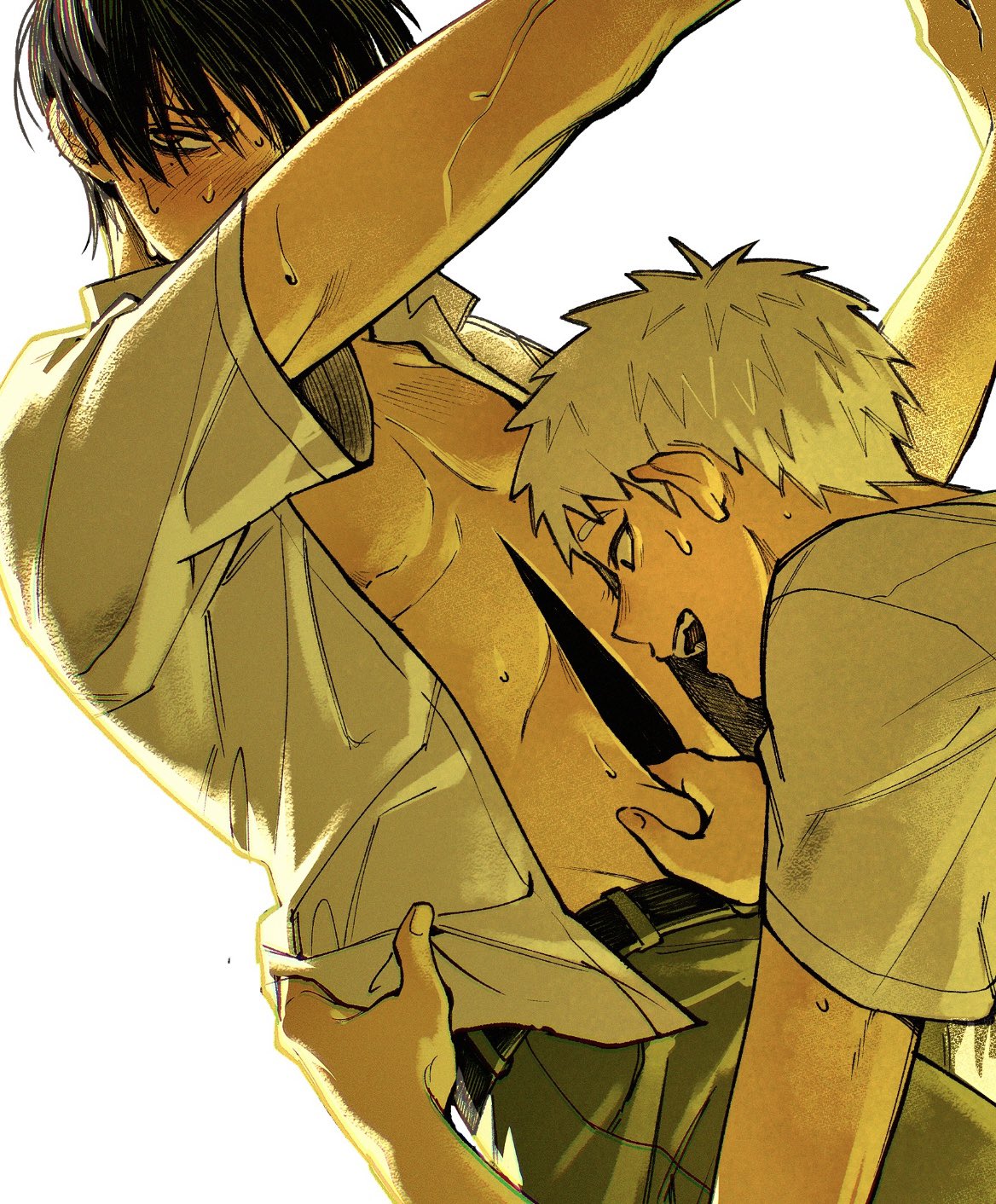 indou hikaru, tsujinaka yoshiki, hikaru ga shinda natsu, highres, 2boys, belt, black belt, black hair, black pants, blush, collared shirt, deep wound, ear blush, embarrassed, from below, injury, male focus, mole, mole under eye, multiple boys, nipples, nyakv v, open clothes, open shirt, pants, shirt, short hair, short sleeves, simple background, smile, sweat, teeth, white background, white hair, white shirt