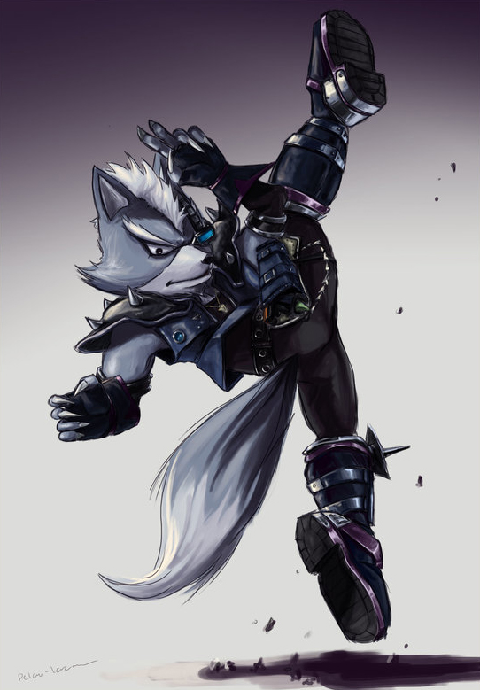 wolf o'donnell, nintendo, star fox, 1boy, armor, black eyes, furry, furry male, gloves, kicking, male focus, solo, tail, white hair