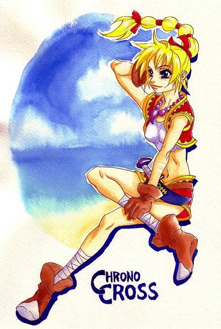 kid (chrono cross), chrono (series), chrono cross, 1girl, :d, beach, blonde hair, blush, braid, cloud, cloudy sky, copyright name, day, female focus, full body, high ponytail, midriff, multi-tied hair, navel, open mouth, ponytail, red eyes, sand, single braid, sky, smile, solo, stomach, water