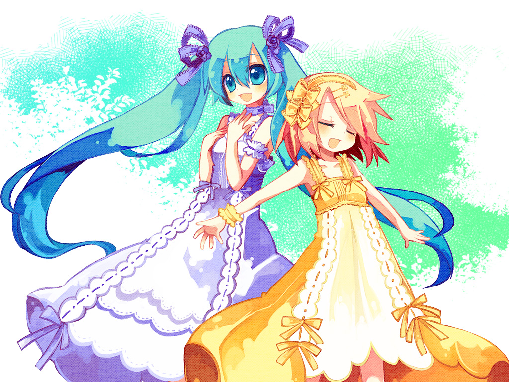 aruya (flosrota), hatsune miku, kagamine rin, vocaloid, bad id, bad pixiv id, 2girls, aqua eyes, aqua hair, armband, armpits, bare shoulders, bow, bracelet, choker, closed eyes, dress, hair bow, hair ribbon, hairband, headband, jewelry, long hair, multiple girls, music, outstretched arms, ribbon, singing, spread arms, twintails, very long hair, white dress, yellow dress