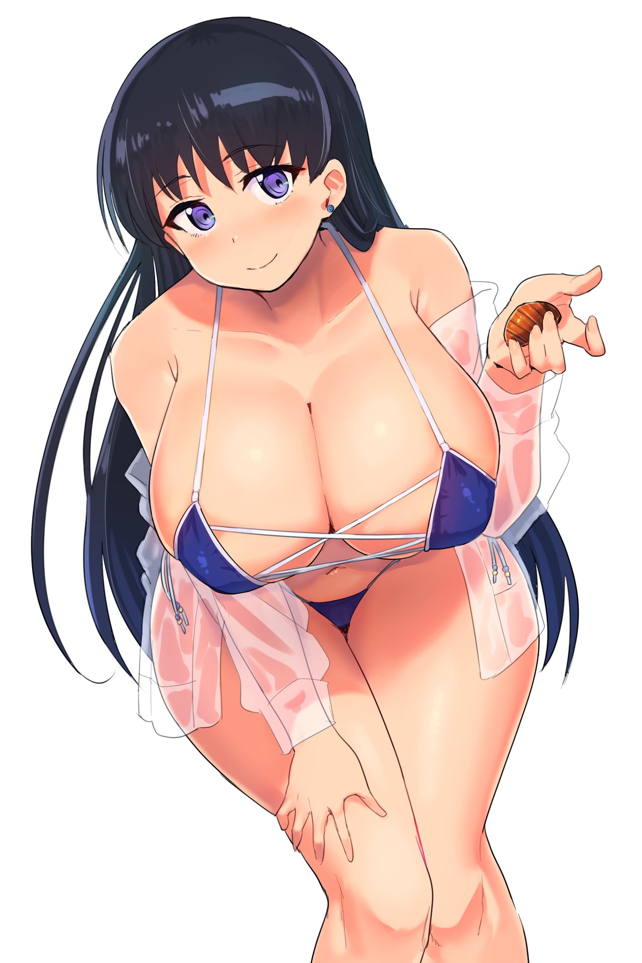 madsensei, arato nagi, ruri no houseki, commentary request, highres, 1girl, bikini, black hair, blue bikini, breasts, cleavage, closed mouth, clothes down, collarbone, earrings, feet out of frame, hand on lap, holding, huge breasts, jewelry, leaning forward, looking at viewer, purple eyes, simple background, smile, solo, swimsuit, swimsuit cover-up, white background