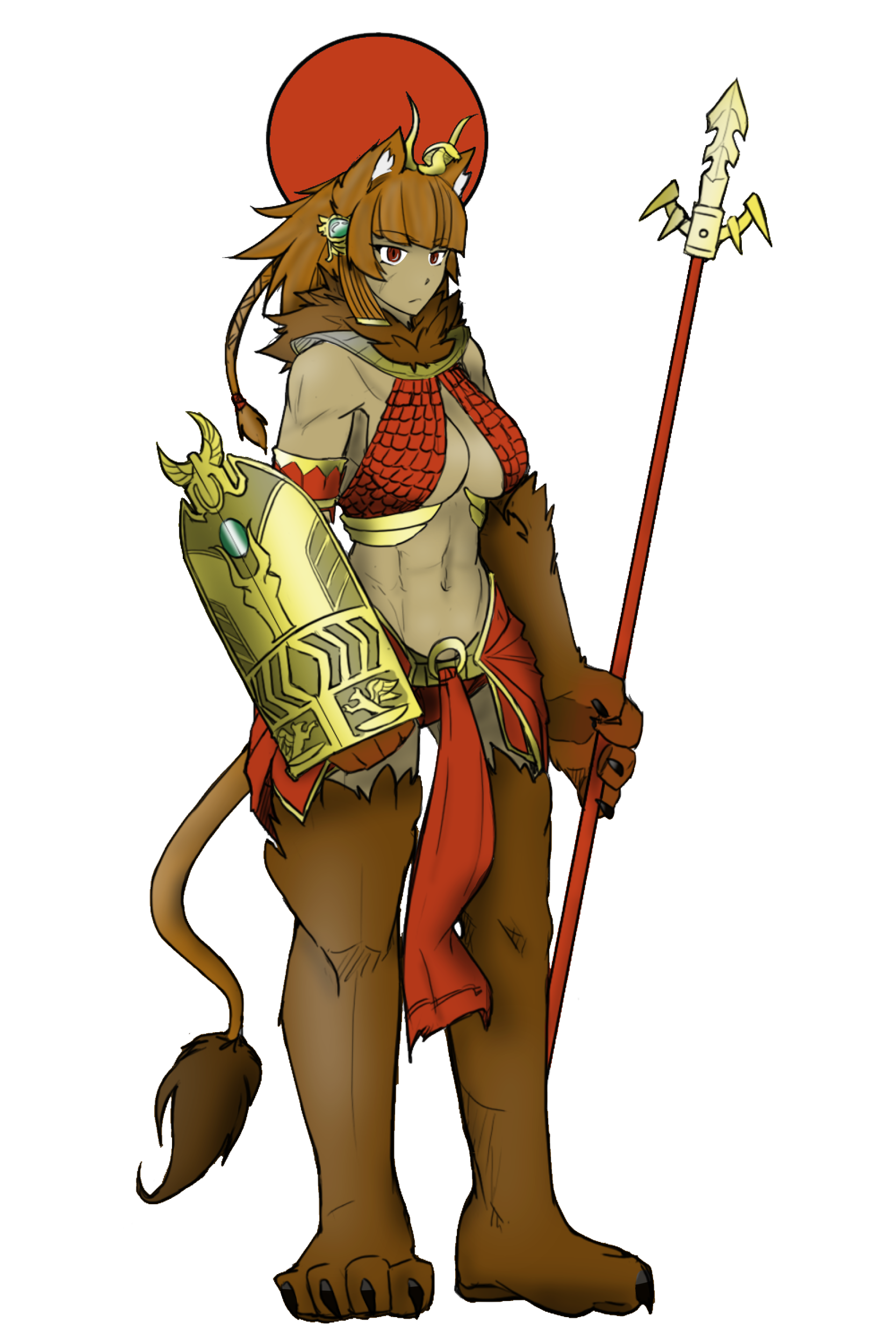anonymous drawfag (artist), less, egyptian mythology, monster girl encyclopedia, original, absurdres, colorized, commentary, english commentary, highres, 1girl, 2015, abs, ancient egyptian, ancient egyptian clothes, animal ear fluff, animal ears, animal hands, animal legs, armor, bikini armor, bobanon, braid, breasts, brown fur, buckler, dark-skinned female, dark skin, full body, gradient background, greyscale, halterneck, lion ears, lion girl, lion tail, midriff, monochrome, monster girl, navel, red eyes, sejit (vagabonds), sekhmet(less/bob), sekhmet (mythology), shield, sideboob, sidelocks, simple background, solo, staff, standing, tail, underboob, vagabonds