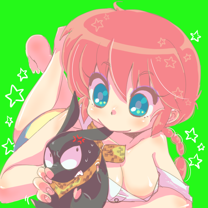 hoshino lala, hibiki ryouga, p-chan, ranma-chan, saotome ranma, ranma 1/2, biting ear, 1girl, :>, barefoot, biting, blue eyes, braid, breasts, cleavage, fang, genderswap, genderswap (mtf), medium breasts, mouth hold, pig, red hair, single braid, strap slip
